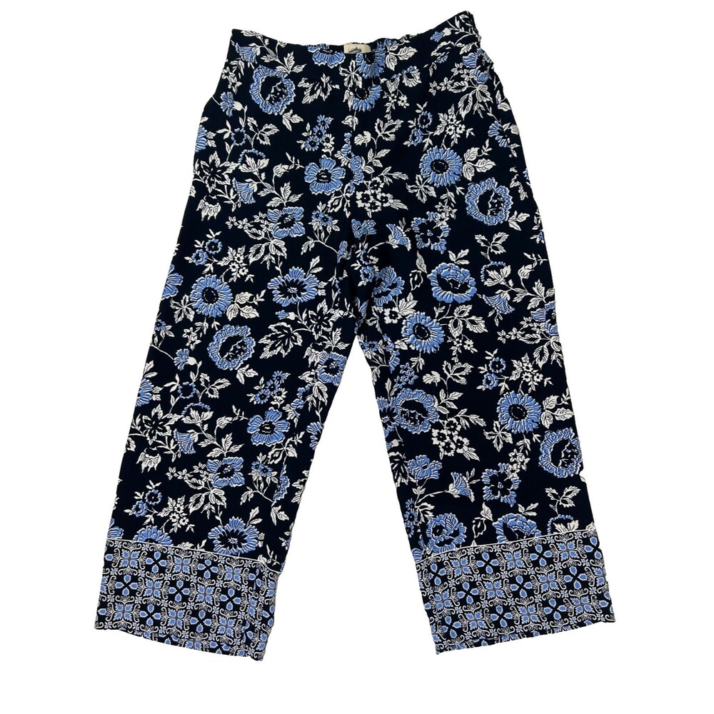 Loft Wide Leg Crop Pants Floral Navy Cornflower Blue White Stretch Waist sz S